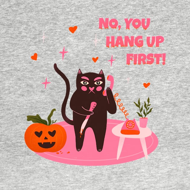 No you hang up first. Funny Halloween black cat illustration. Scream movie art by WeirdyTales